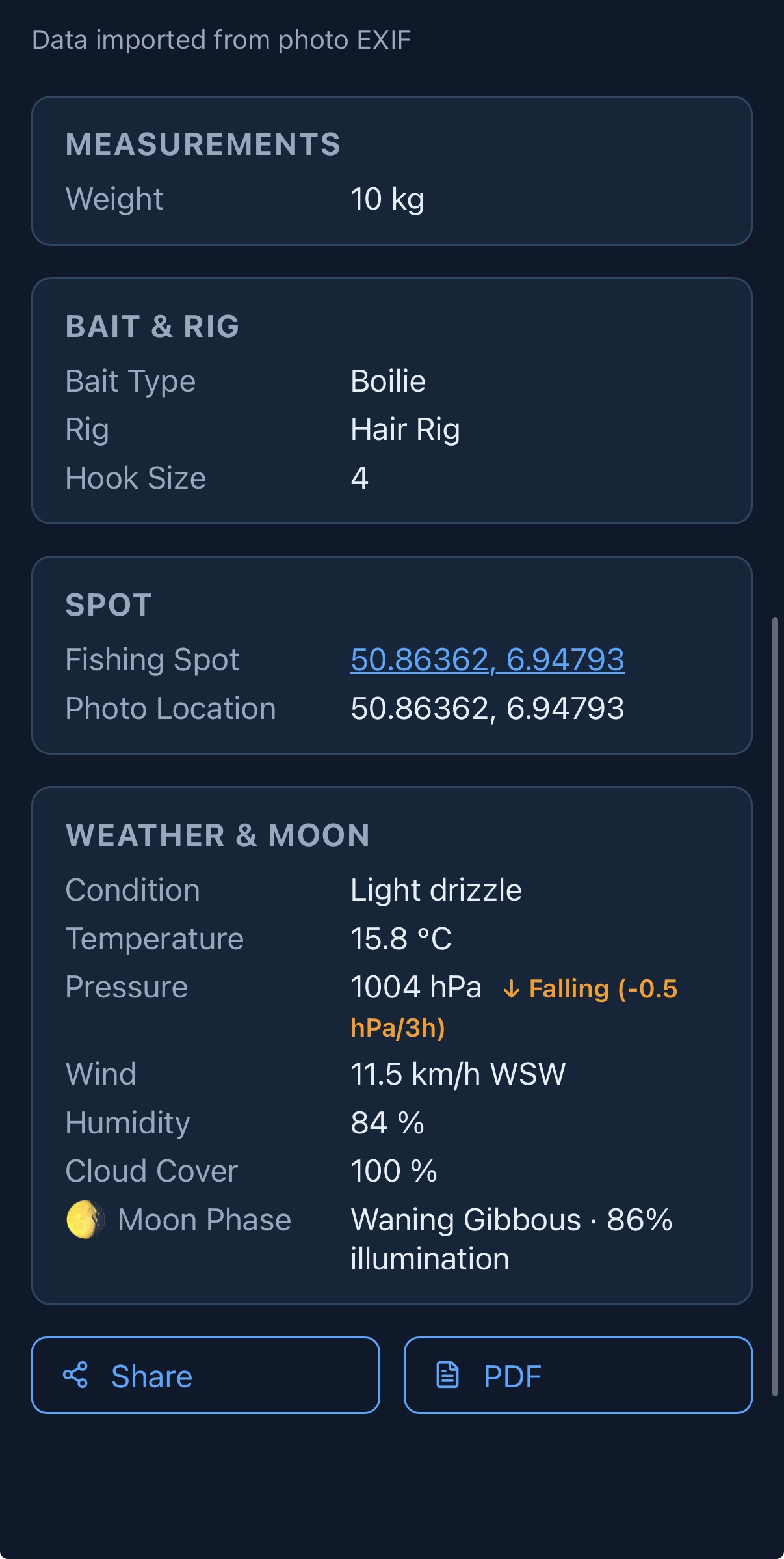 Catch entry in 4Fish: weight, bait, rig, spot coordinates and complete weather data