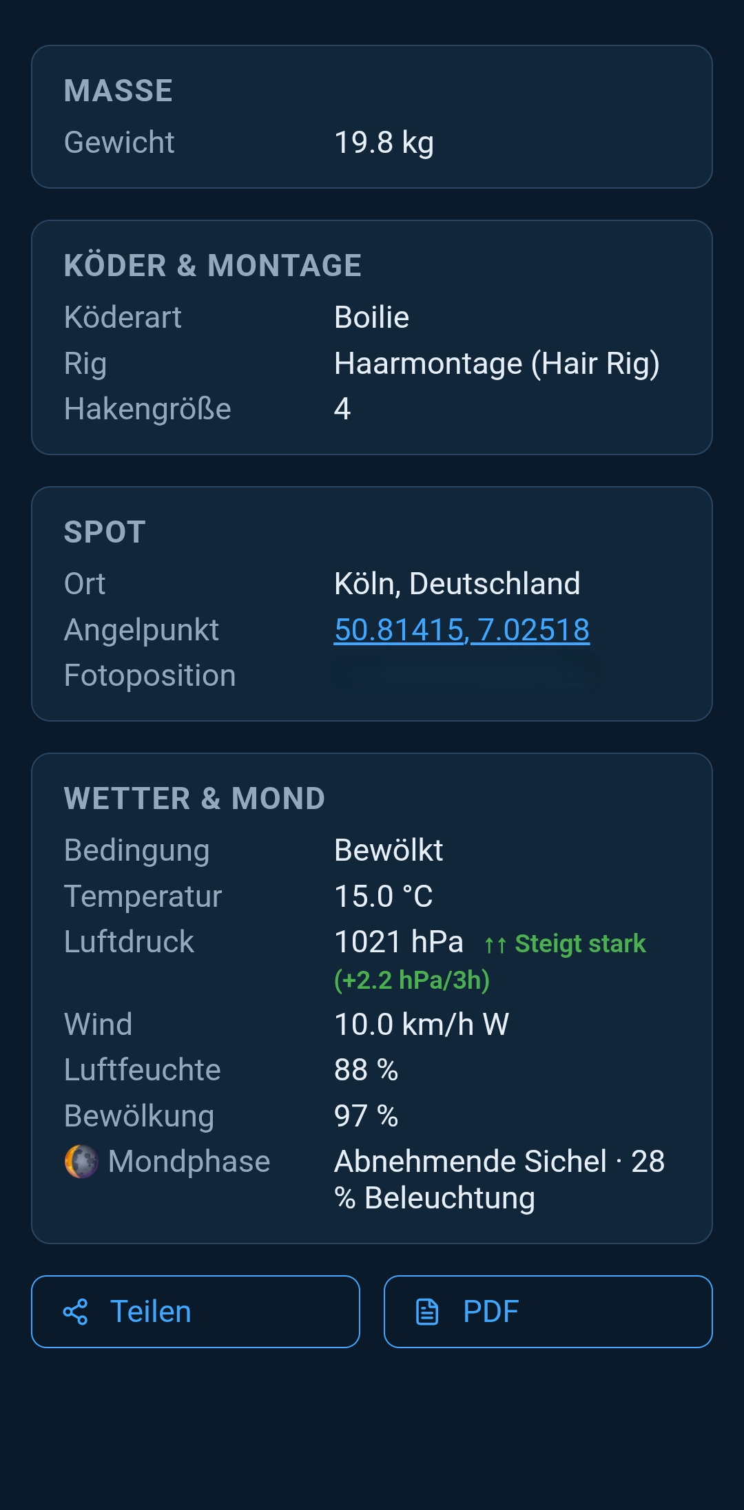 Fang-Eintrag in 4Fish: Gewicht, Köder, Montage, Spot-Koordinaten und vollständige Wetterdaten