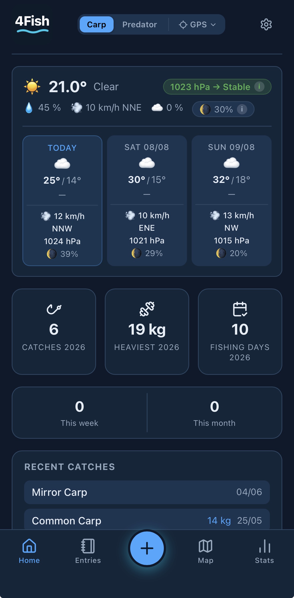4Fish home screen: weather forecast, air pressure trend and catch overview