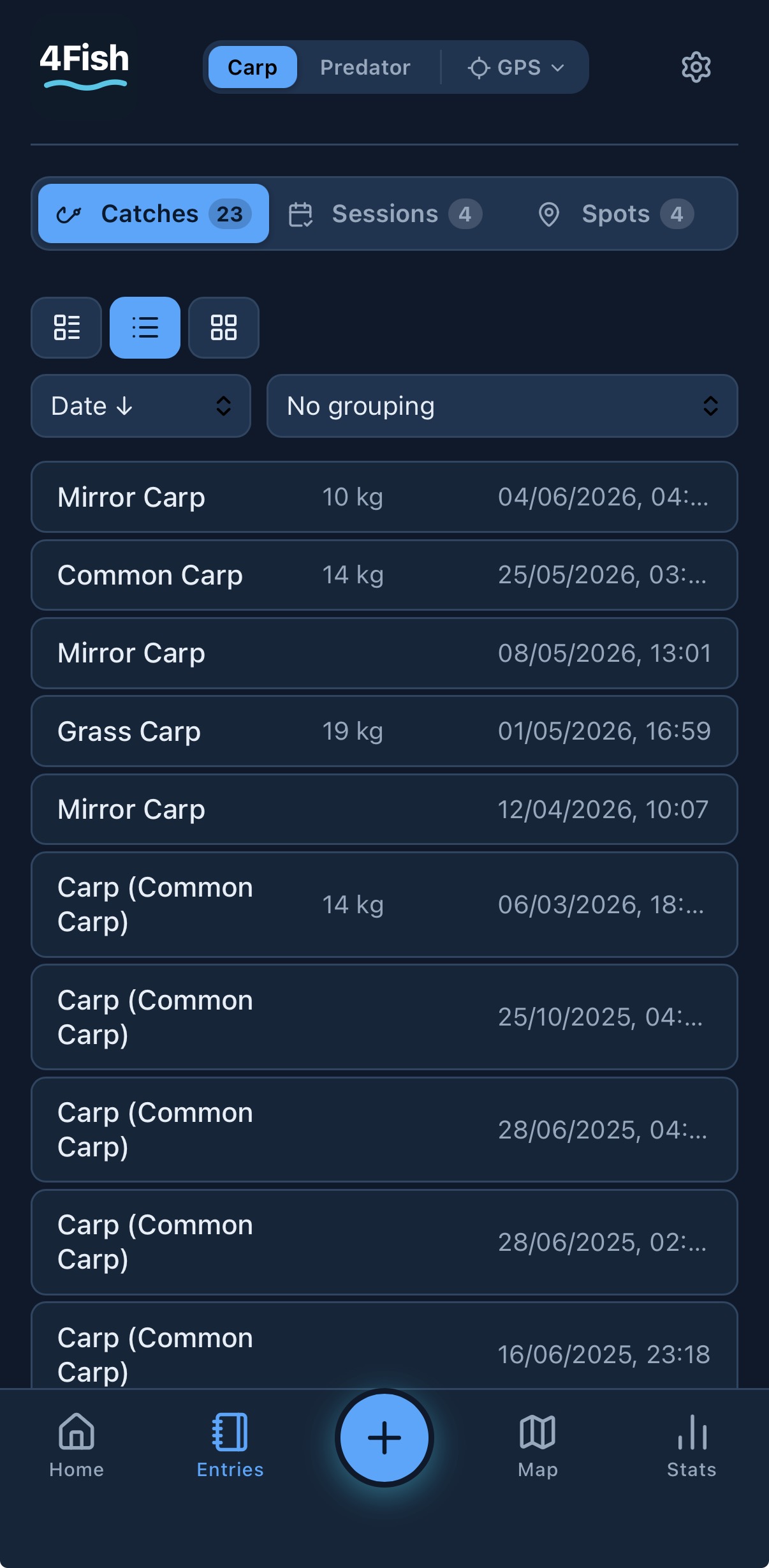 Catch list in 4Fish with catches, sessions and spots — all stored locally