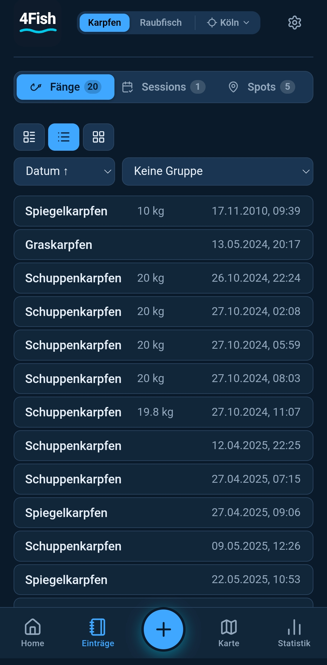 Fangliste in 4Fish mit Fängen, Sessions und Spots — alles lokal gespeichert