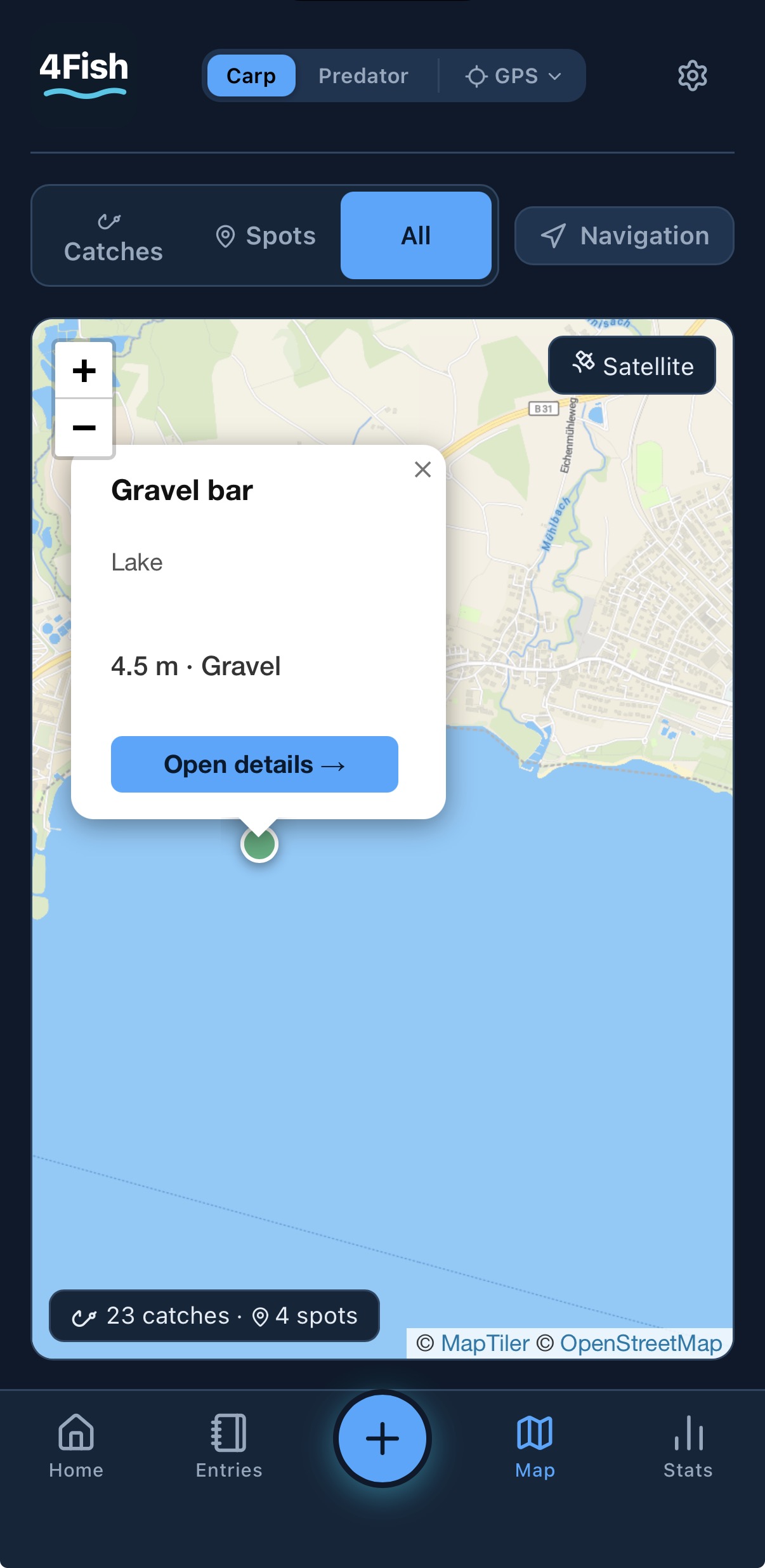 Map in 4Fish with saved spots and catches, spot detail with depth and bottom structure